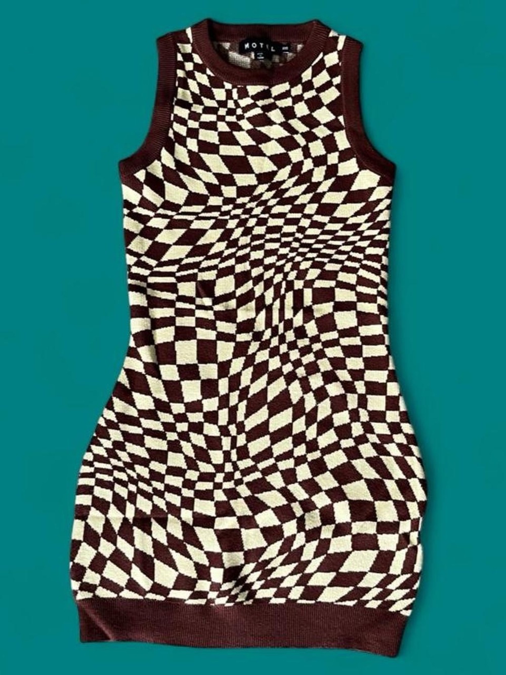 MOTEL • 60s Mod Psychedelic Wavy Checkerboard Micro Mini Knit Sweater Tank Dress